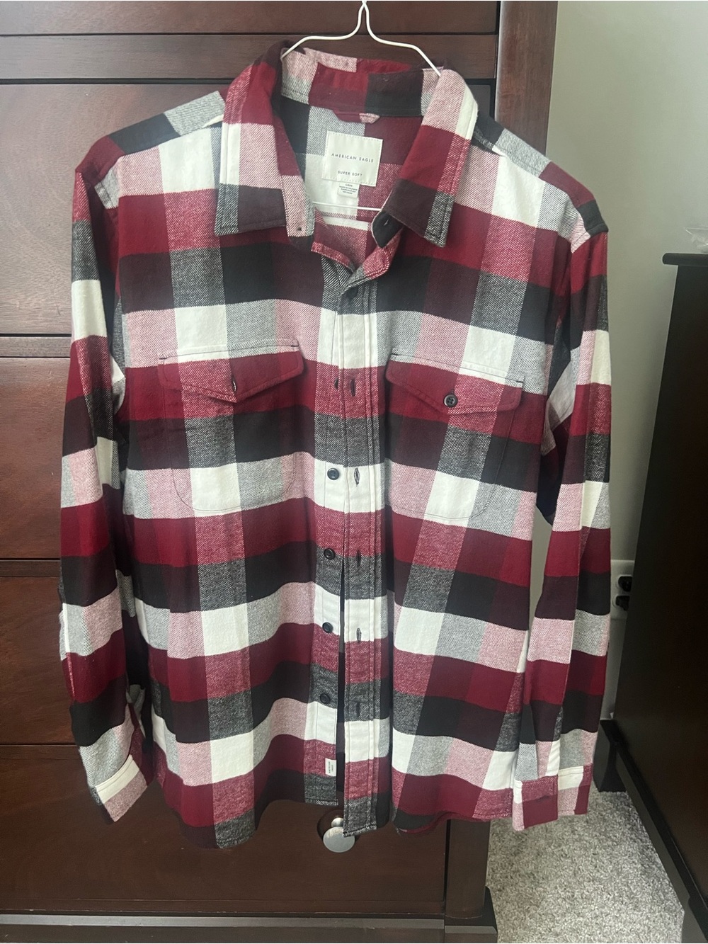 American Eagle Outfitters Red and Black Plaid Flannel Button-Down Shirt